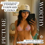 Funky Junque Trucker Hats for Women - Funny Retro 2 Tone Snapback Cap with Embroidered Brim, Cute Country Western Style Bikinis and Martinis - Navy/Beige