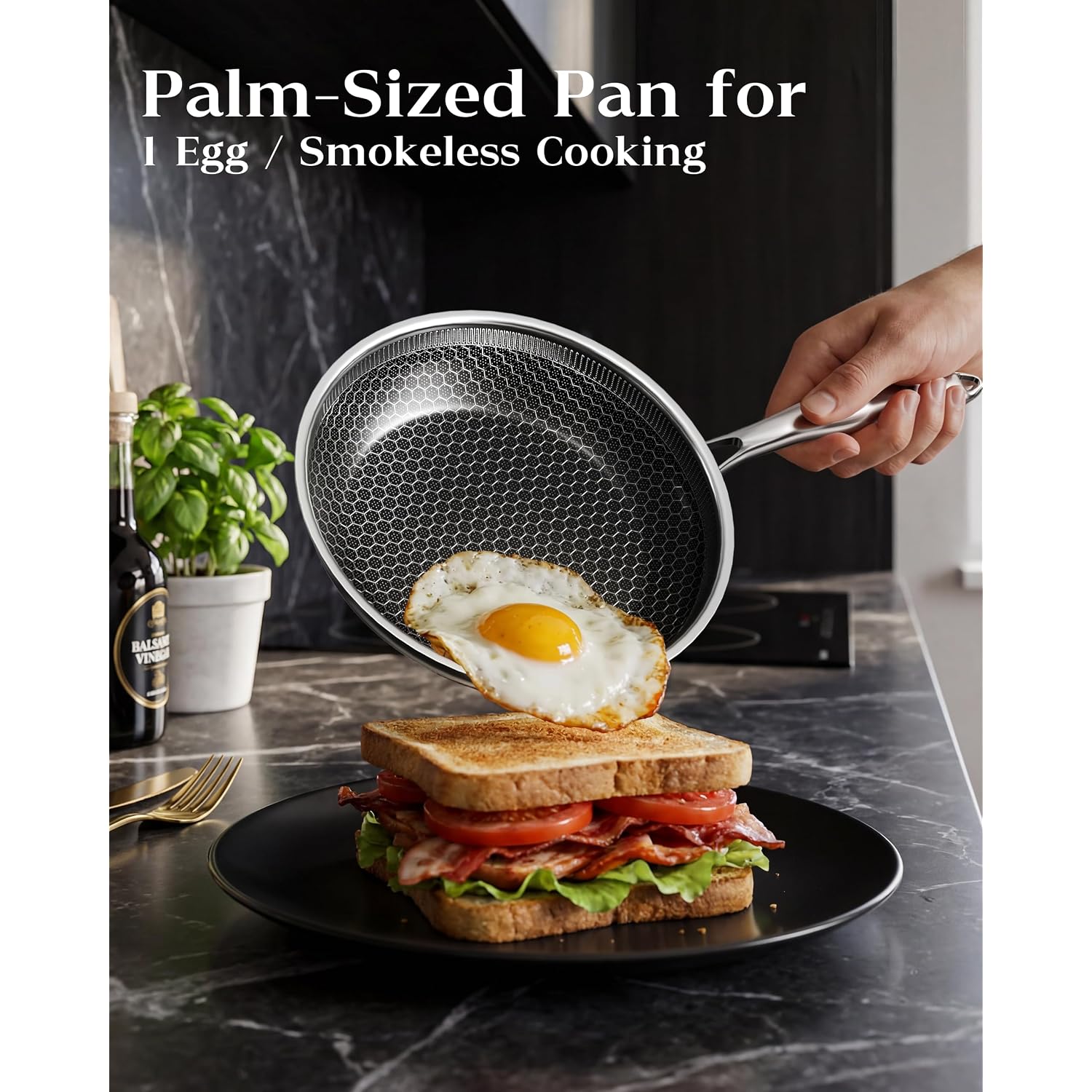 Nonstick Frying Pan With Lid 7-Inch, Durable Stainless Steel Skillet, Induction Cooktop Compatible, Pfoa-Free Scratch-Proof, Dishwasher & Oven Safe, Stay-Cool Handle, Silver Kitchen Cookware