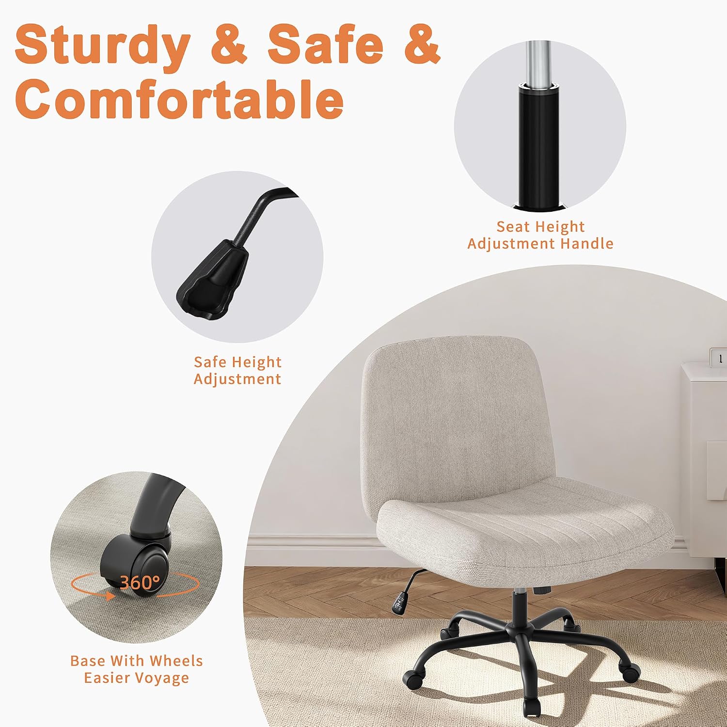 Shintenchi Criss Cross Chair,Cross Legged Office Seat With Wheels Armless Swivel Vanity Chair,Height Adjustable Wide Computer Task Seating For Home Office,Beige