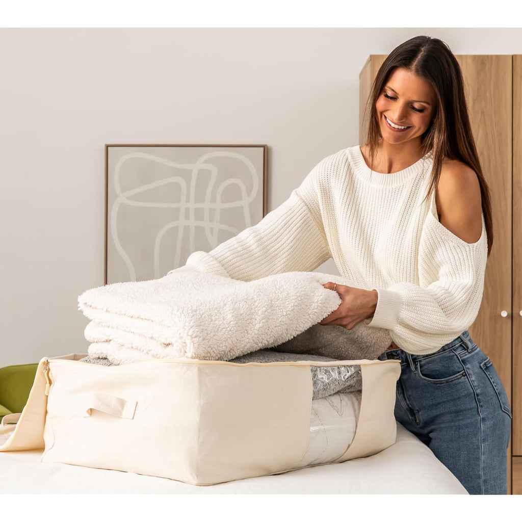 Soft Canvas Storage Bags With Zipper. Thick Breathable, 2Pc King/Queen Comforter Organizer. Four Carrying Handles And Window. Large 25X19X9In Bag For Sheets Blankets Bedding Pillows, Clothes