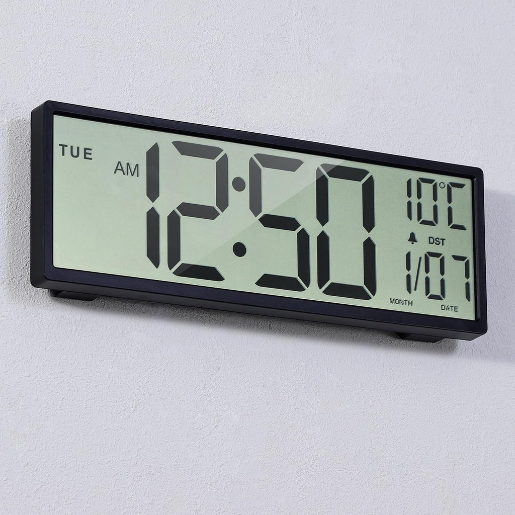 15" Large Digital Wall Clock Battery Operated Black, Clock With Large Display Numbers, Calendar, Auto Dst, Clocks For Living Room, Kitchen, Office, Bedroom