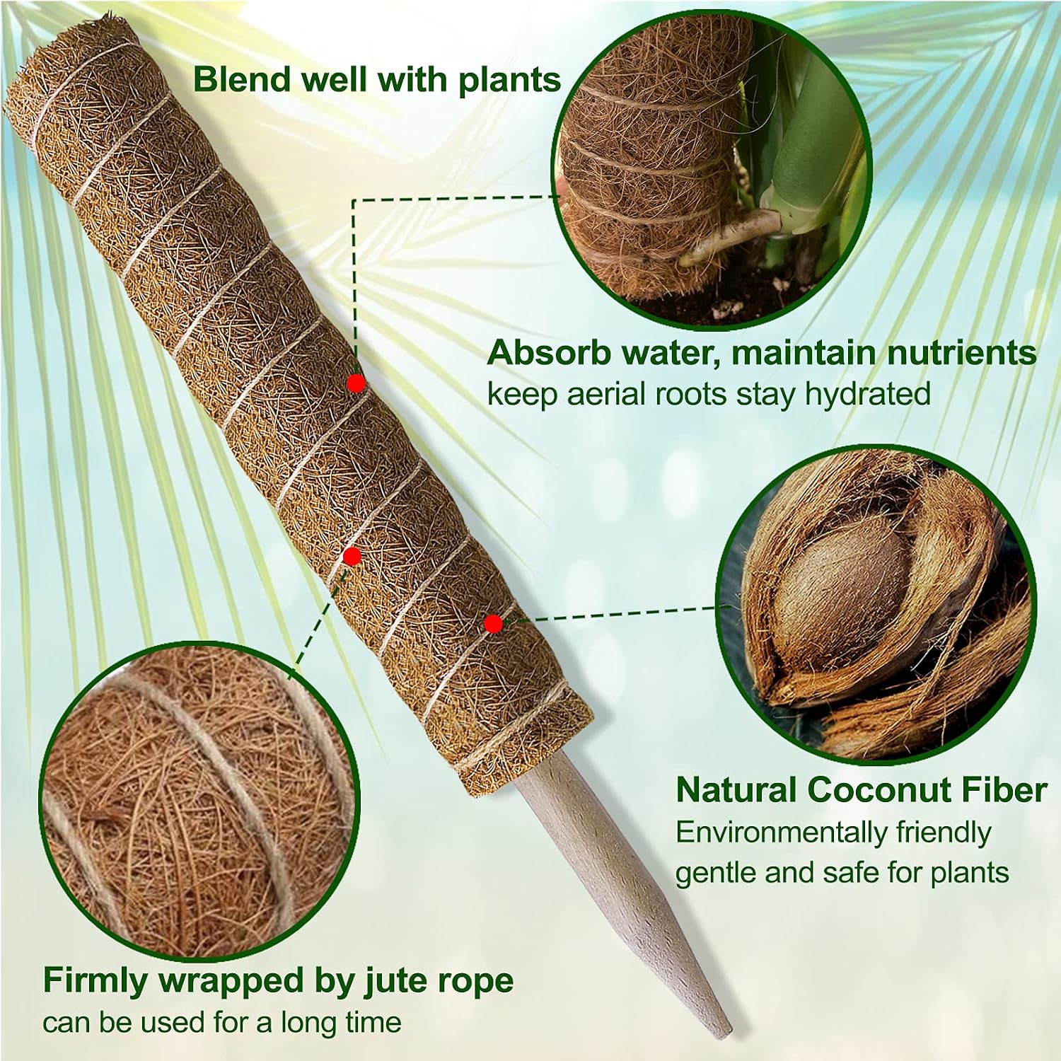 Fabulas Moss Pole 47.5 Inch - Monstera Plant Support, 4 Packs 16 Inch Plant Stakes For Indoor Plants Coco Coir Moss Pole Sticks For Climbing Potted Live Plants, Pothos, Philodendron, With Garden Ties