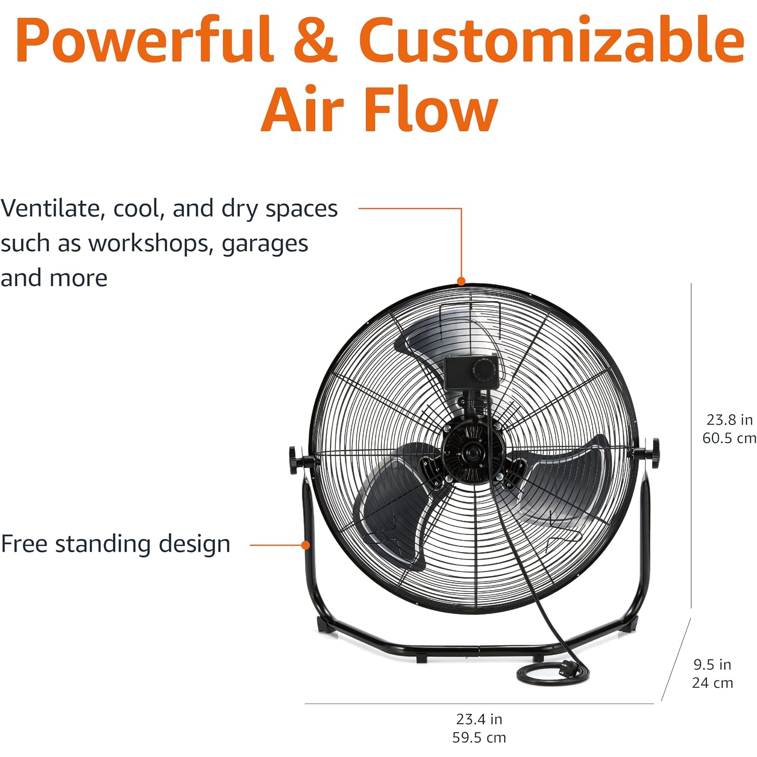 Amazon Basics 20" High Velocity Industrial Cooling Floor Fan With 3 Speeds, Tilt Head, Etl-Listed Safety Compliance, Metal Housing And Blades, For Commercial Space/Garage/Gym, 125W, Black