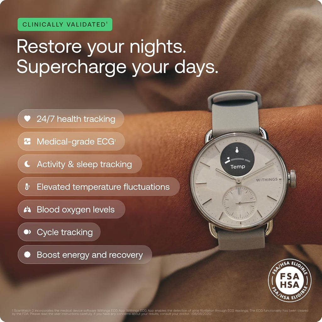 Withings Scanwatch 2 - Hybrid Smart Watch, Heart Rate Monitoring, Fitness Tracker, Cycle Tracker, Sleep Monitoring, Gps Tracker, 30-Day Battery Life, Android & Apple Compatible, Hsa/Fsa