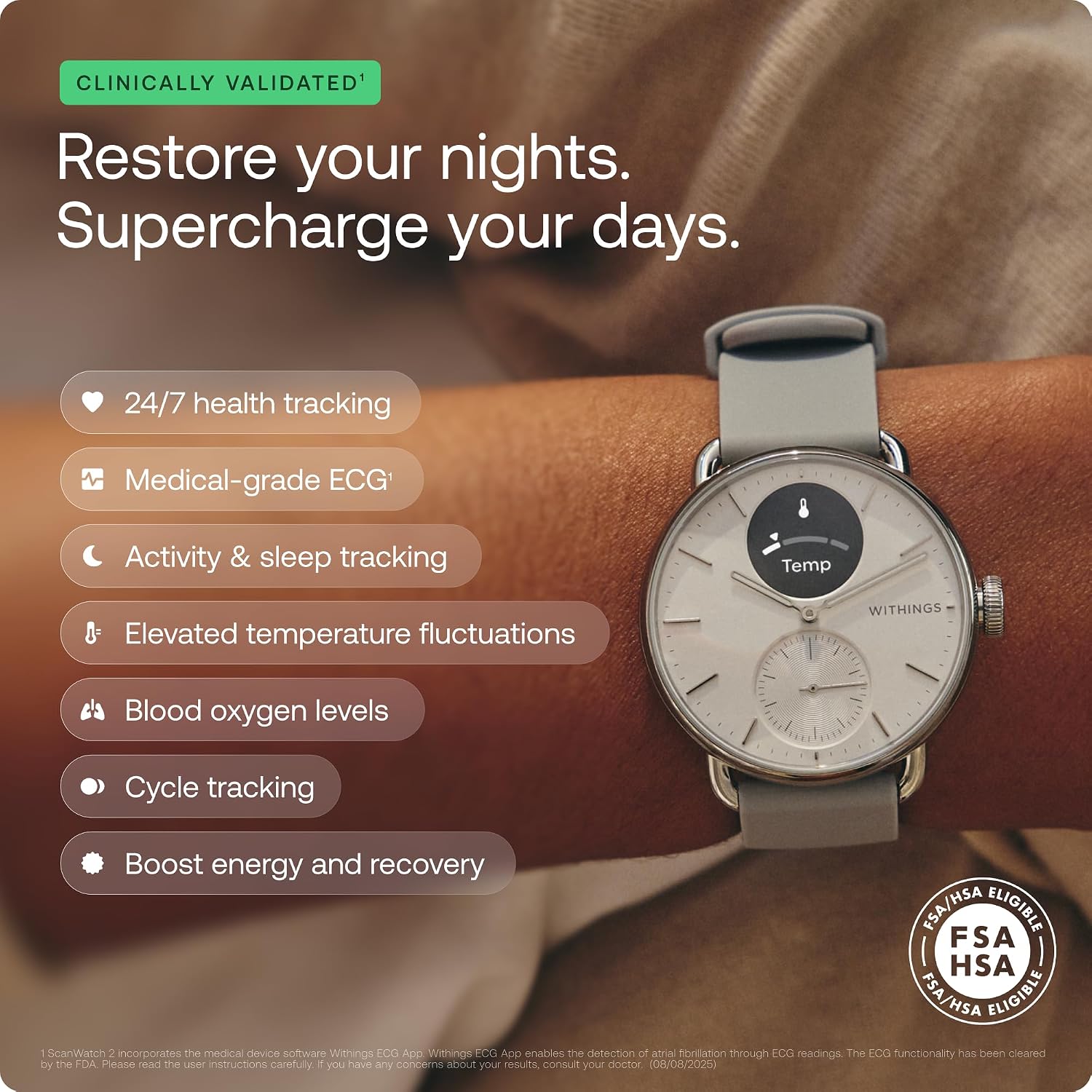 Withings Scanwatch 2 - Hybrid Smart Watch, Heart Rate Monitoring, Fitness Tracker, Cycle Tracker, Sleep Monitoring, Gps Tracker, 30-Day Battery Life, Android & Apple Compatible, Hsa/Fsa