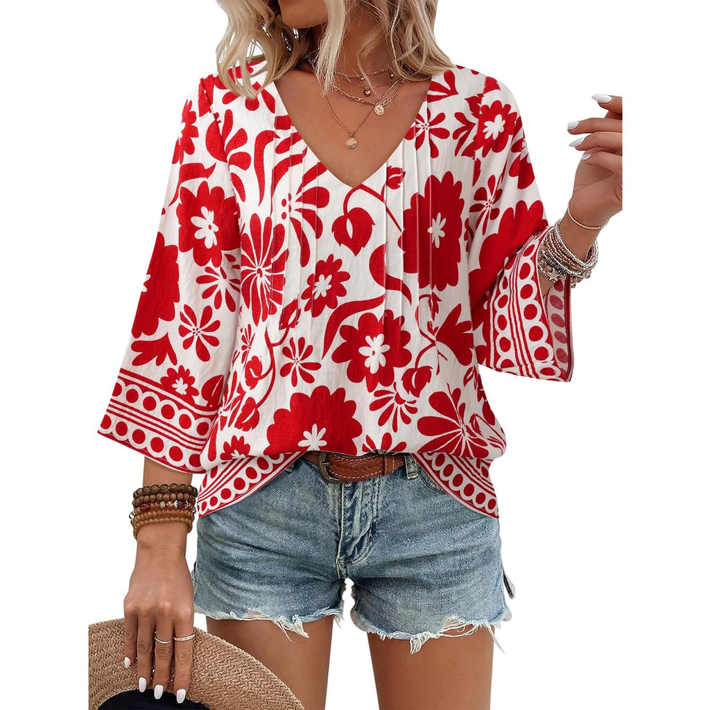 Womens V Neck 3/4 Sleeve Bohemian Casual Blouses Loose Fit Tunic Tops Shirt Boho Floral Vacation Clothes