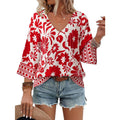Womens V Neck 3/4 Sleeve Bohemian Casual Blouses Loose Fit Tunic Tops Shirt Boho Floral Vacation Clothes