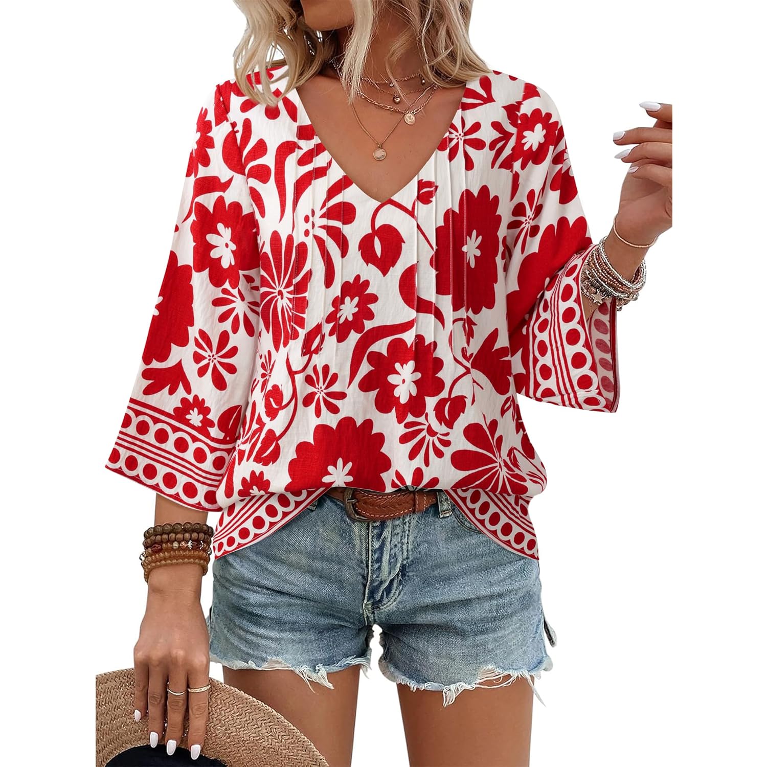 Womens V Neck 3/4 Sleeve Bohemian Casual Blouses Loose Fit Tunic Tops Shirt Boho Floral Vacation Clothes