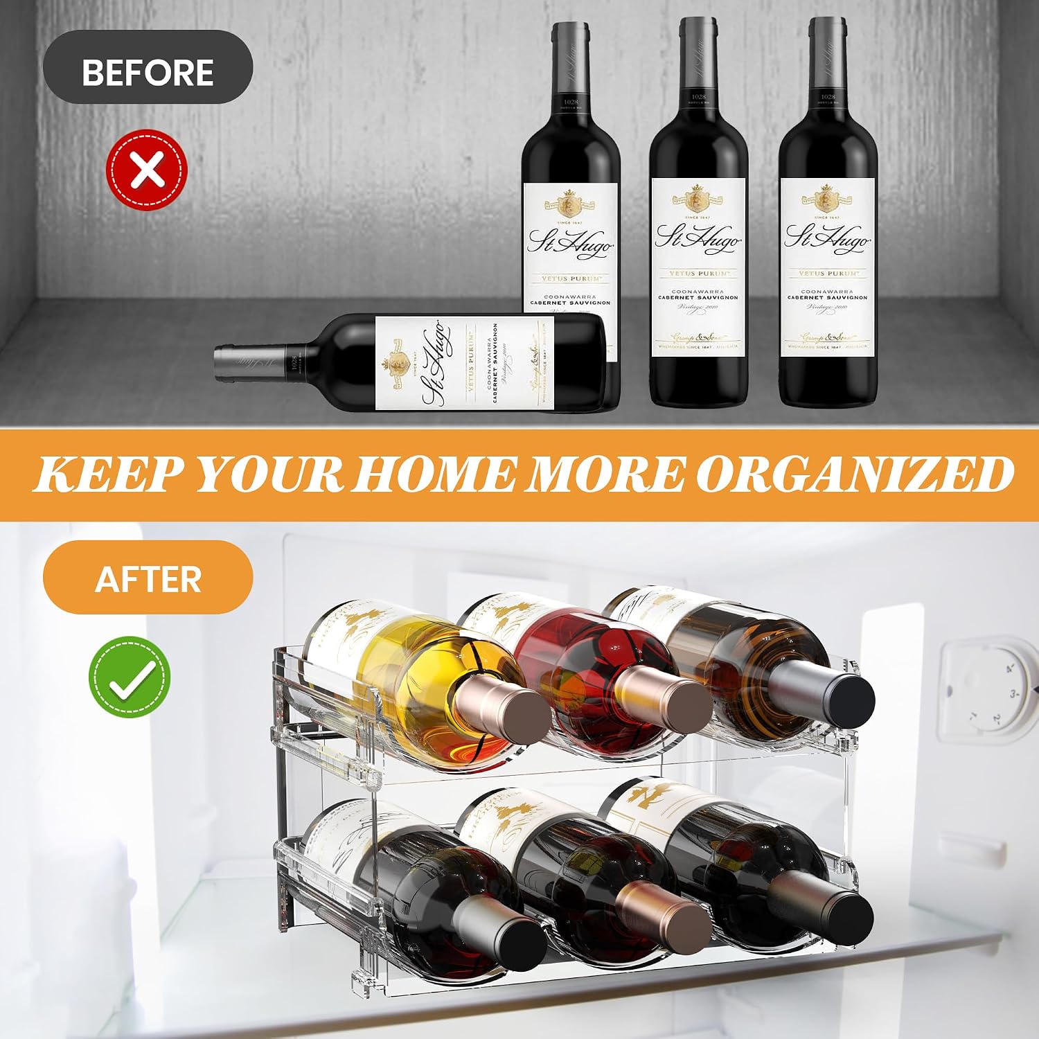 Plastic Stackable Wine Rack For Refrigerator, 2 Tier Large Capacity Water Bottle Organizer For Cabinet, Free-Standing Water Bottle Storage Rack For Fridge, Countertop, Pantry, Freezer, Hold 6 Bottles