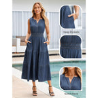 Berrygo Womens Denim Dress Sleeveless Jean Maxi Dress Empire Waist Flowy A Line Cowgirl Country Soft Chambray With Pockets