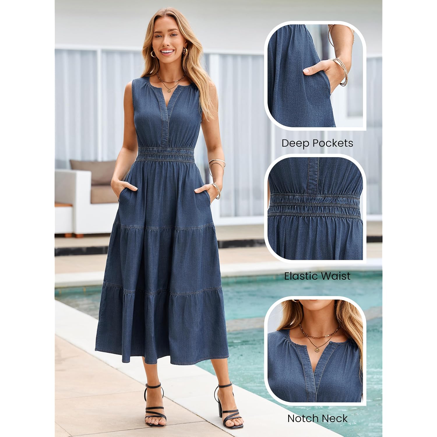 Berrygo Womens Denim Dress Sleeveless Jean Maxi Dress Empire Waist Flowy A Line Cowgirl Country Soft Chambray With Pockets