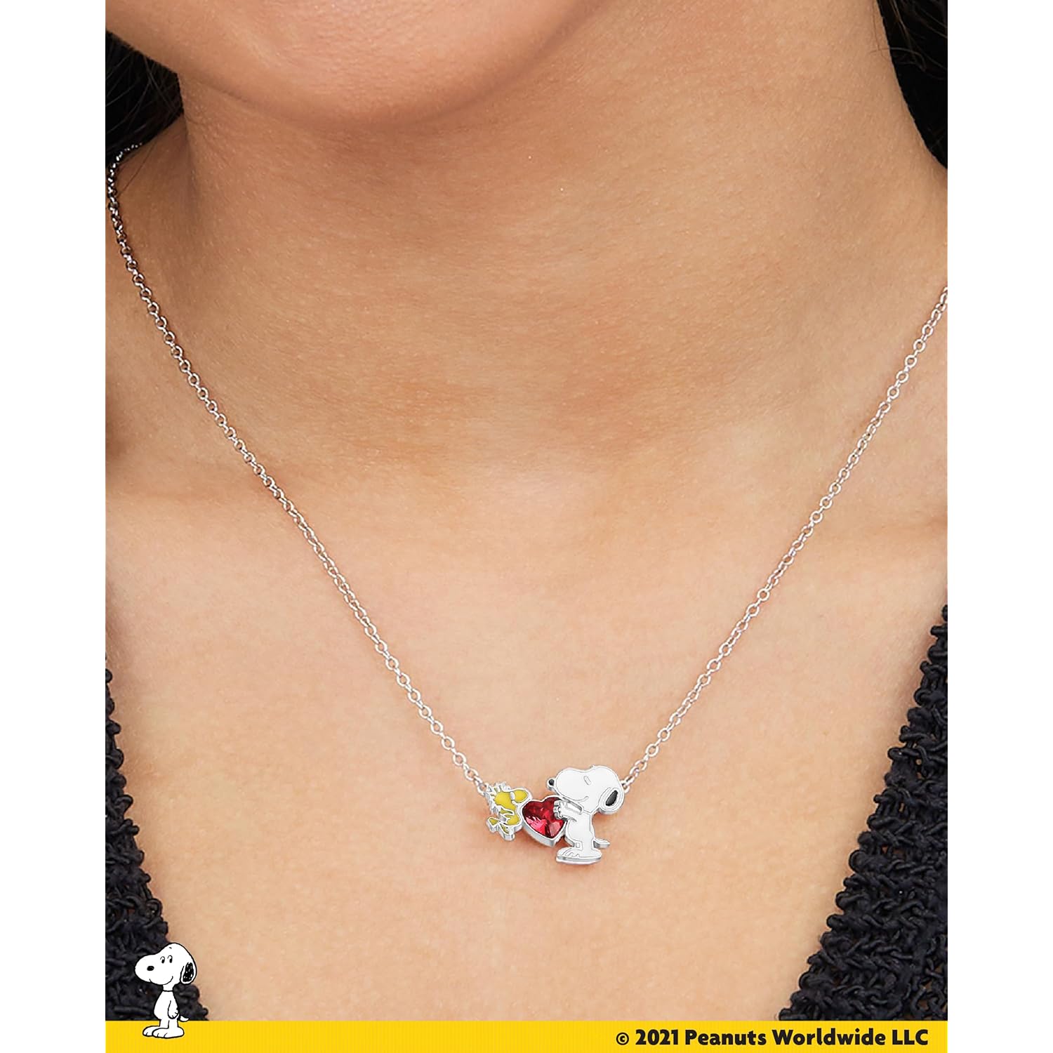Peanuts Official Snoopy and Woodstock Necklaces, Silver Flash-Plated with Red Crystal Heart, Valentines Gifts for Her