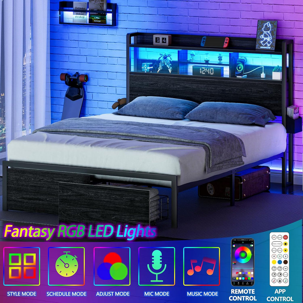 Full Size Bed Frame With Headboard And Charging Station,2 Drawers