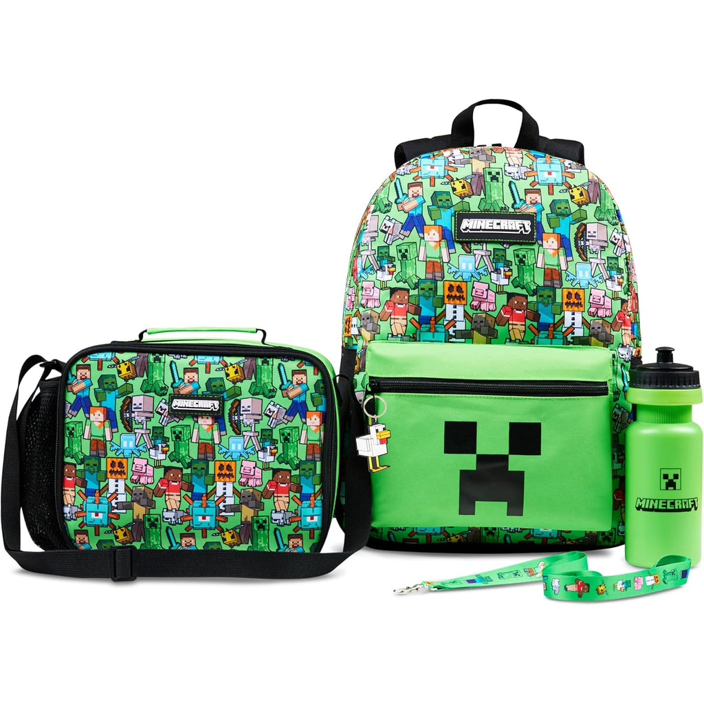 Minecraft Boys Backpack 5 Pc Gift Set, Creeper School Bookbag, Lunch Bag, Water Bottle, Keychain And Lanyard (Green Aop)