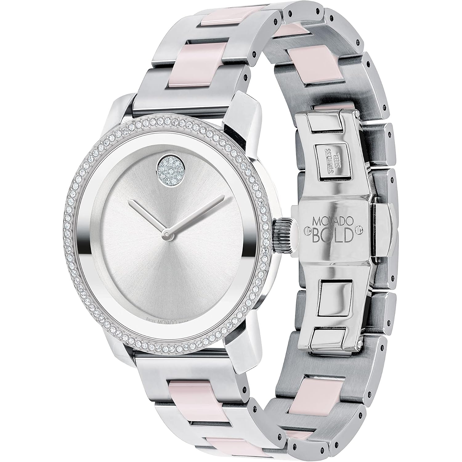 Movado Bold Iconic Women'S Watch - Swiss Quartz 2H Movement, Stainless Steel Ceramic Center Link Bracelet - 3 Atm Water Resistance - Sparkling Crystal Details For Her - 36Mm