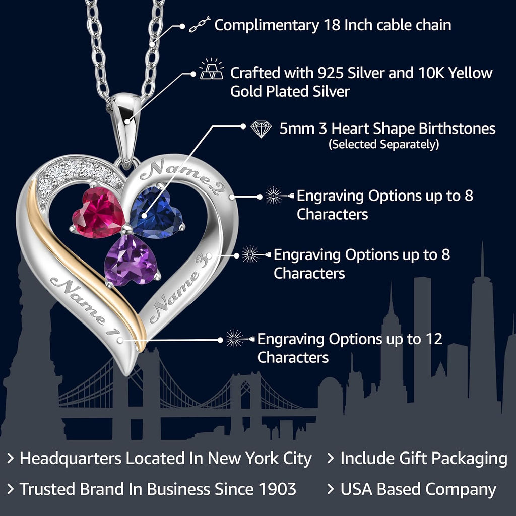 Gem Stone King Customized Personalized Engraved 3-Stone Heart Pendant Necklace For Women | 925 Silver and 10K Yellow Gold | Gemstone Birthstone and Lab Grown Diamond | 5MM Heart | 18 Inch Chain