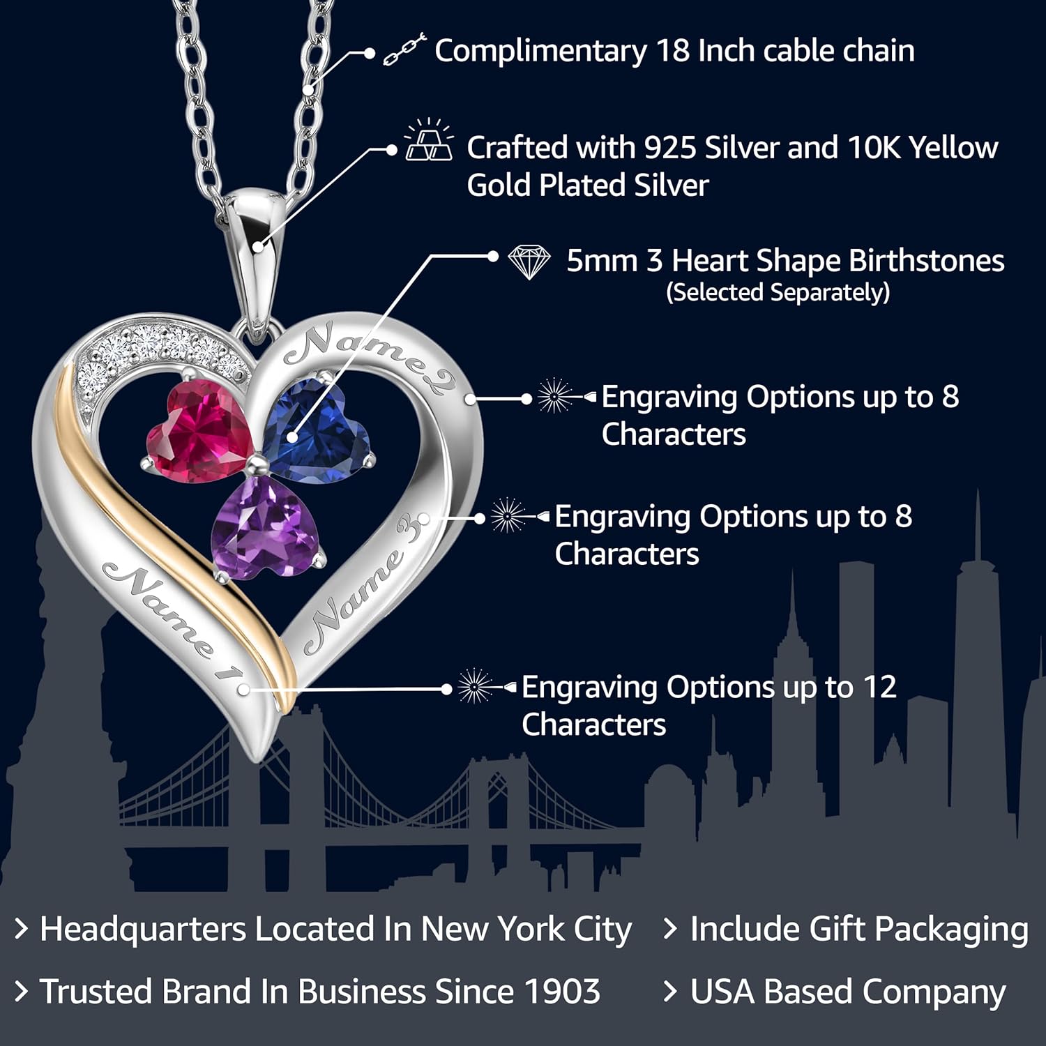 Gem Stone King Customized Personalized Engraved 3-Stone Heart Pendant Necklace For Women | 925 Silver and 10K Yellow Gold | Gemstone Birthstone and Lab Grown Diamond | 5MM Heart | 18 Inch Chain