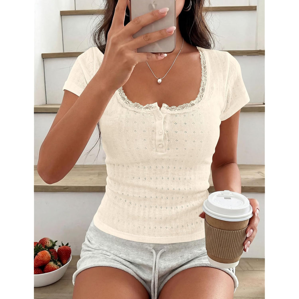 Prettygarden Summer Tops For Women 2026 Short Sleeve Lace Trim Slim Fitted Henley Tee Shirts Y2K Fashion Clothing