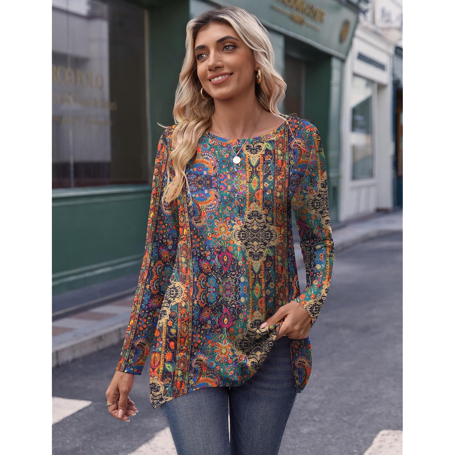 Long Sleeve Tops for Women Dressy Casual Sweatshirt Flowy Tunic with Asymmetrical Hem Crewneck Fall Clothes