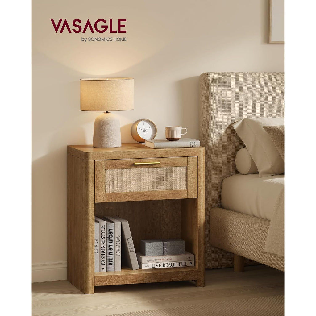 Vasagle Ellan Collection - Boho Nightstands With Rattan-Look Drawer, Set Of 2 Accent Side End Tables With Open Compartment, Rounded Corners, For Bedroom Bedside, Natural Brown Ulet818Kc01
