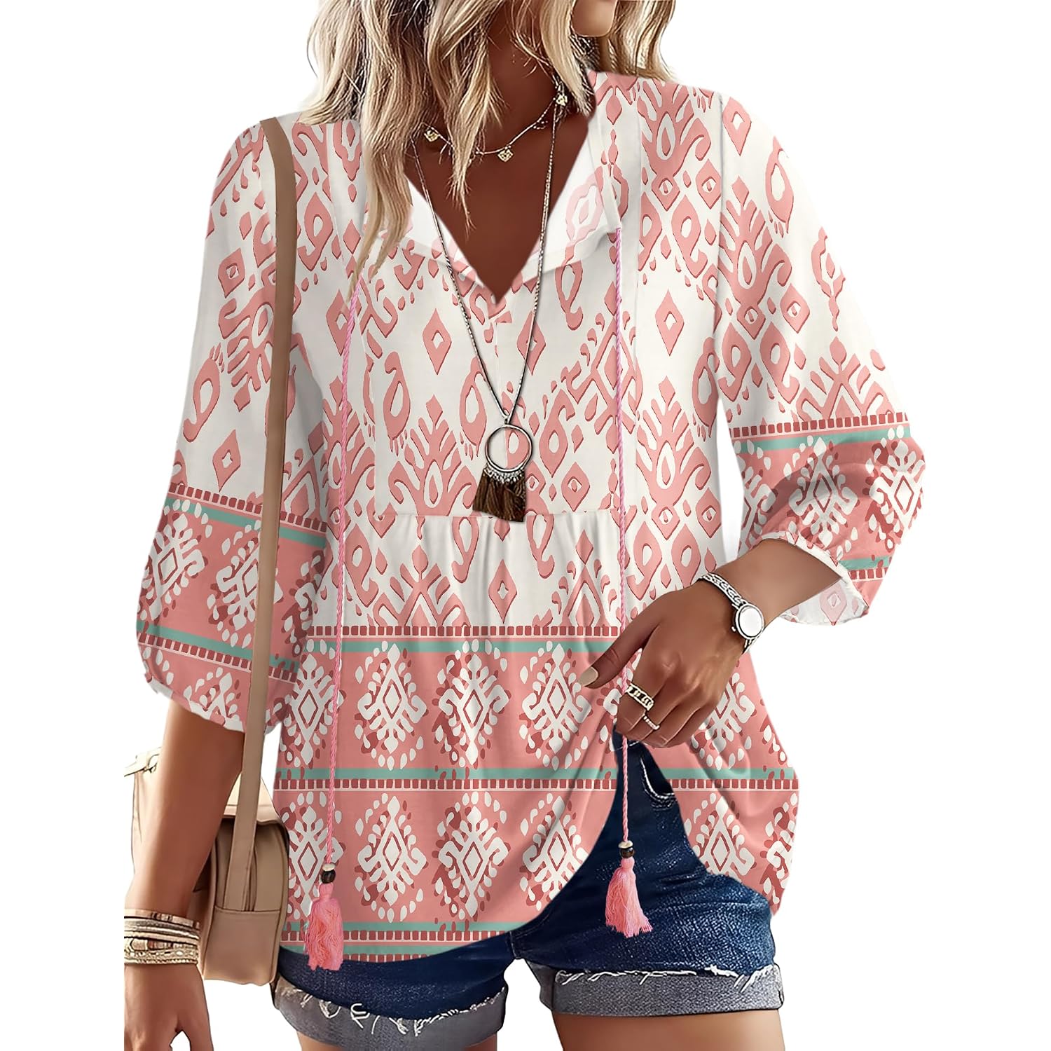 Rapbin Women Summer Boho Tops 3/4 Sleeve Pleated Blouses Casual V Neck Tie Front Spring Tunic Tops