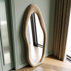 Full Length Mirror, 63" X 24" Wall Mirror, Flannel Wrapped Wooden Frame Floor Mirror, Irregular Wavy Mirror Hanging Or Leaning Against Wall For Cloakroom/Bedroom/Living Room, Milk Tea