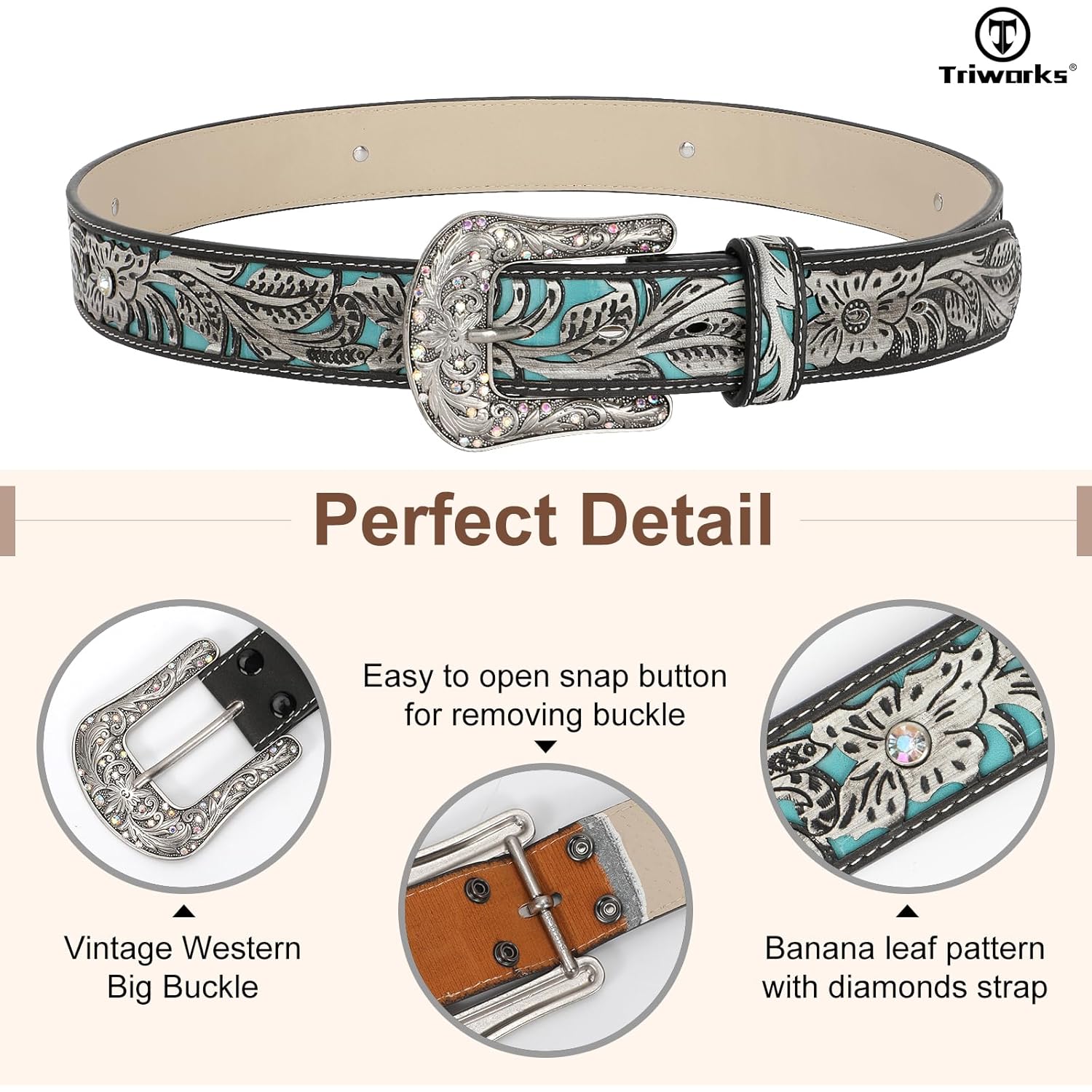 TRIWORKS Western Belts for Women Cowgirl,Cowboy Bling Country Turquoise Belts for Jeans Pants Dresses