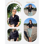 Women Button Down Shirts 3/4 Sleeve Basic Business Dress Shirt Slim Fitted Classic V Neck Button Up Work Blouse Tops