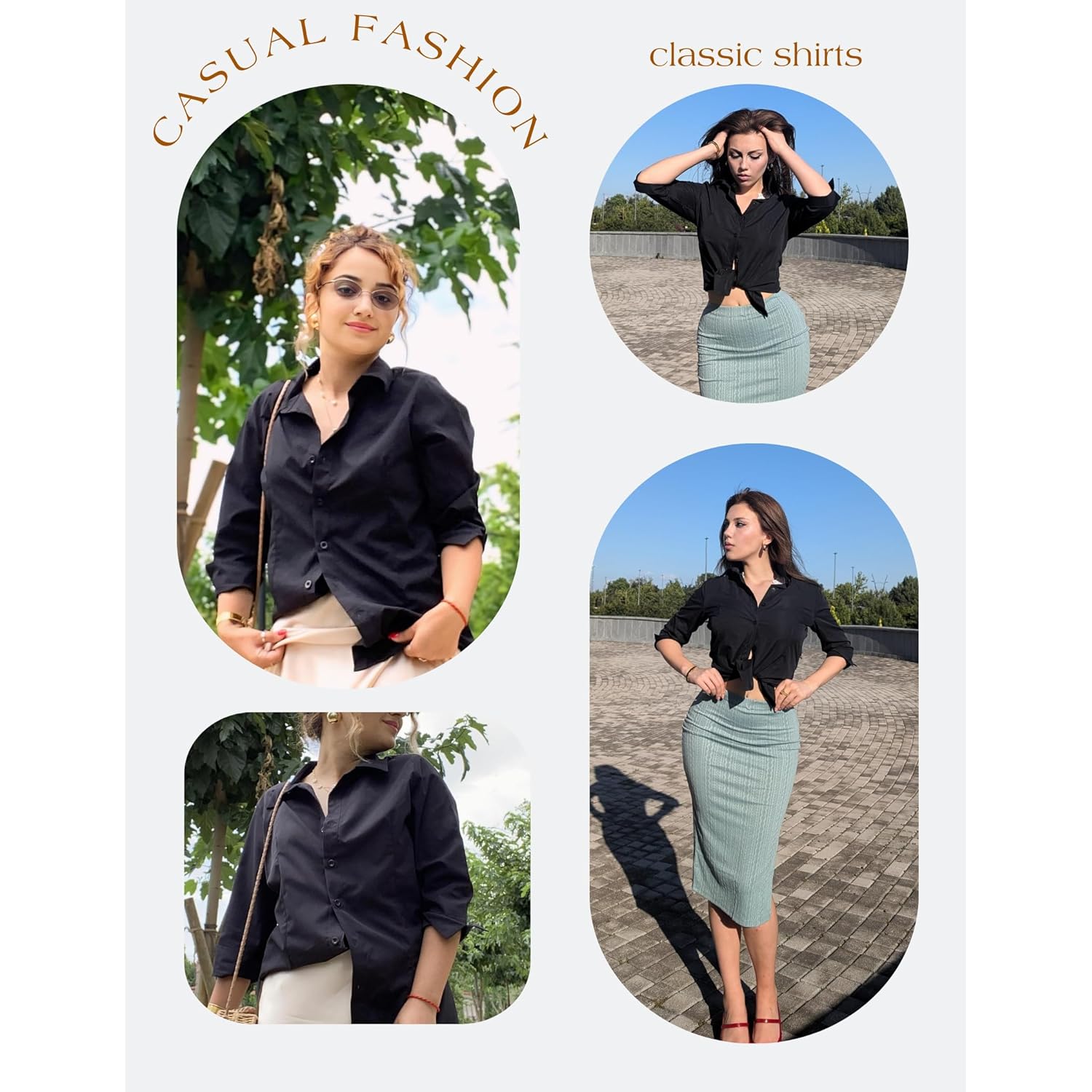Women Button Down Shirts 3/4 Sleeve Basic Business Dress Shirt Slim Fitted Classic V Neck Button Up Work Blouse Tops