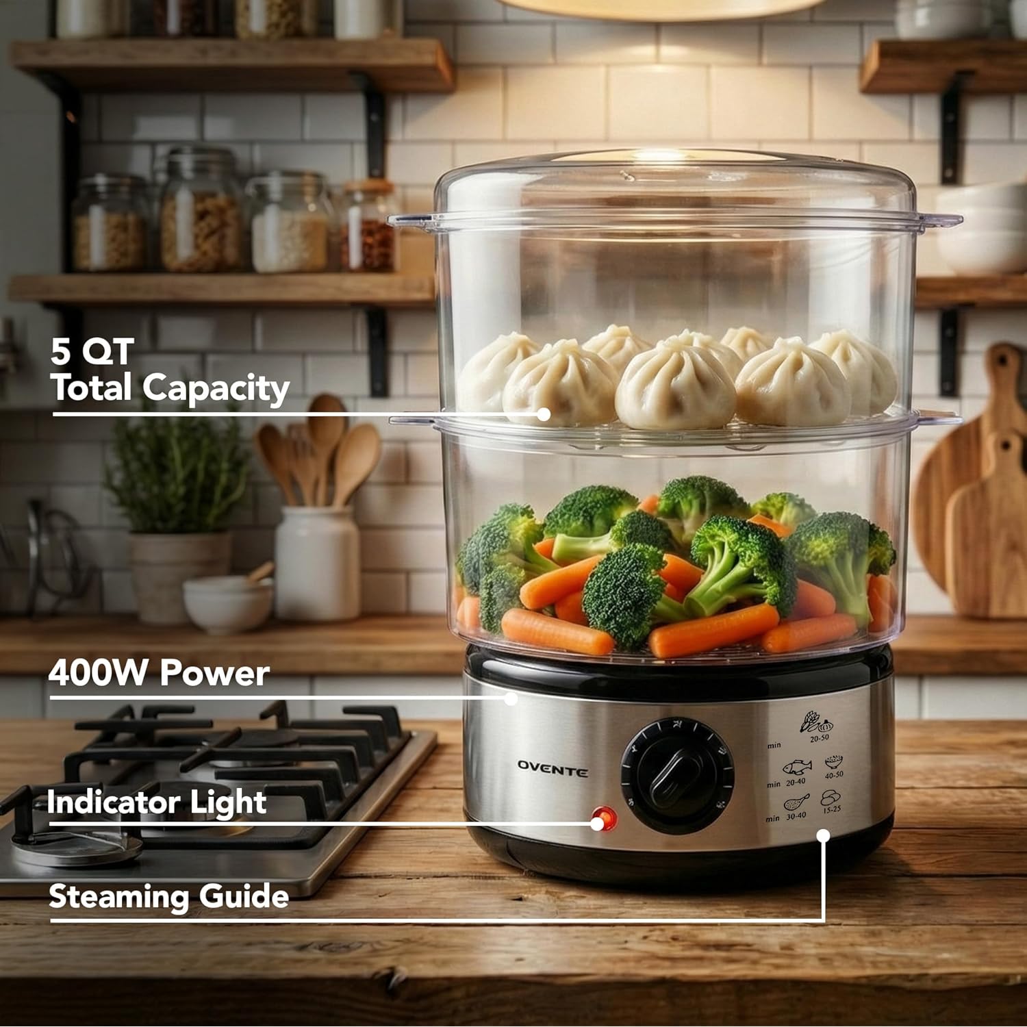 OVENTE 2-Tier Electric Food Steamer, 5 Quart Stainless Steel Stackable Steam Cooker with 400W Power, 60-Minute Timer & Auto Shut-Off, Dishwasher Safe, Healthy Vegetable & Seafood Steamer, Silver FS62S