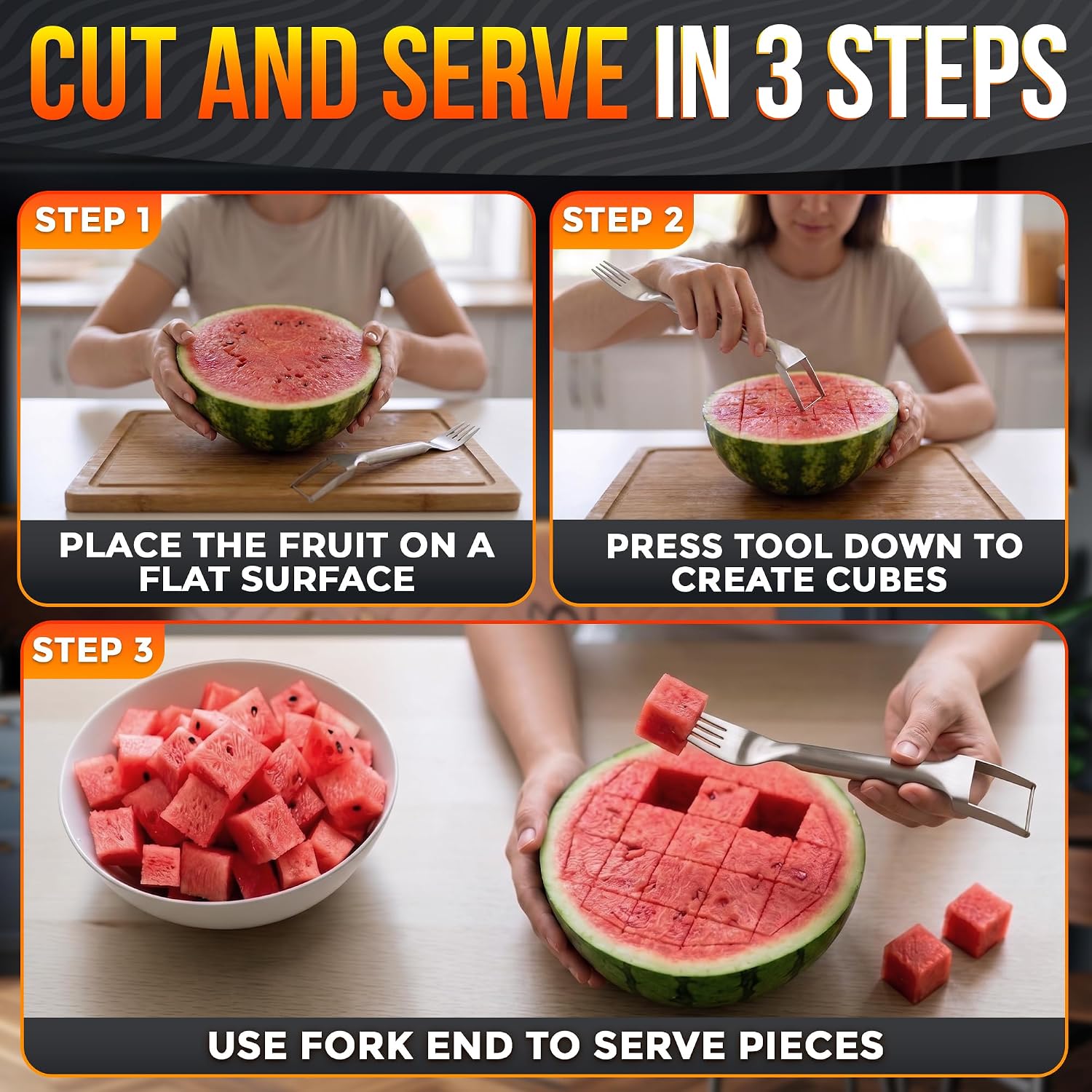Stainless Steel Watermelon Slicer Cutter Tool – Easy Grip Durable Slicer For Watermelon, Cantaloupe, Papaya, Honeydew & More, Cut Cubes Or Slices Fast | Mess-Free Prep For Parties, Bbqs, Summer Snacks
