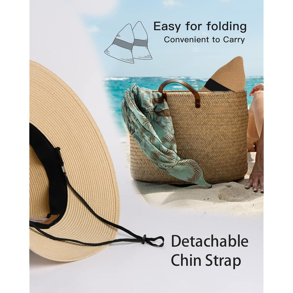 FURTALK Womens Beach Sun Straw Hat UV UPF 80+ Travel Foldable Brim Summer UV Hat