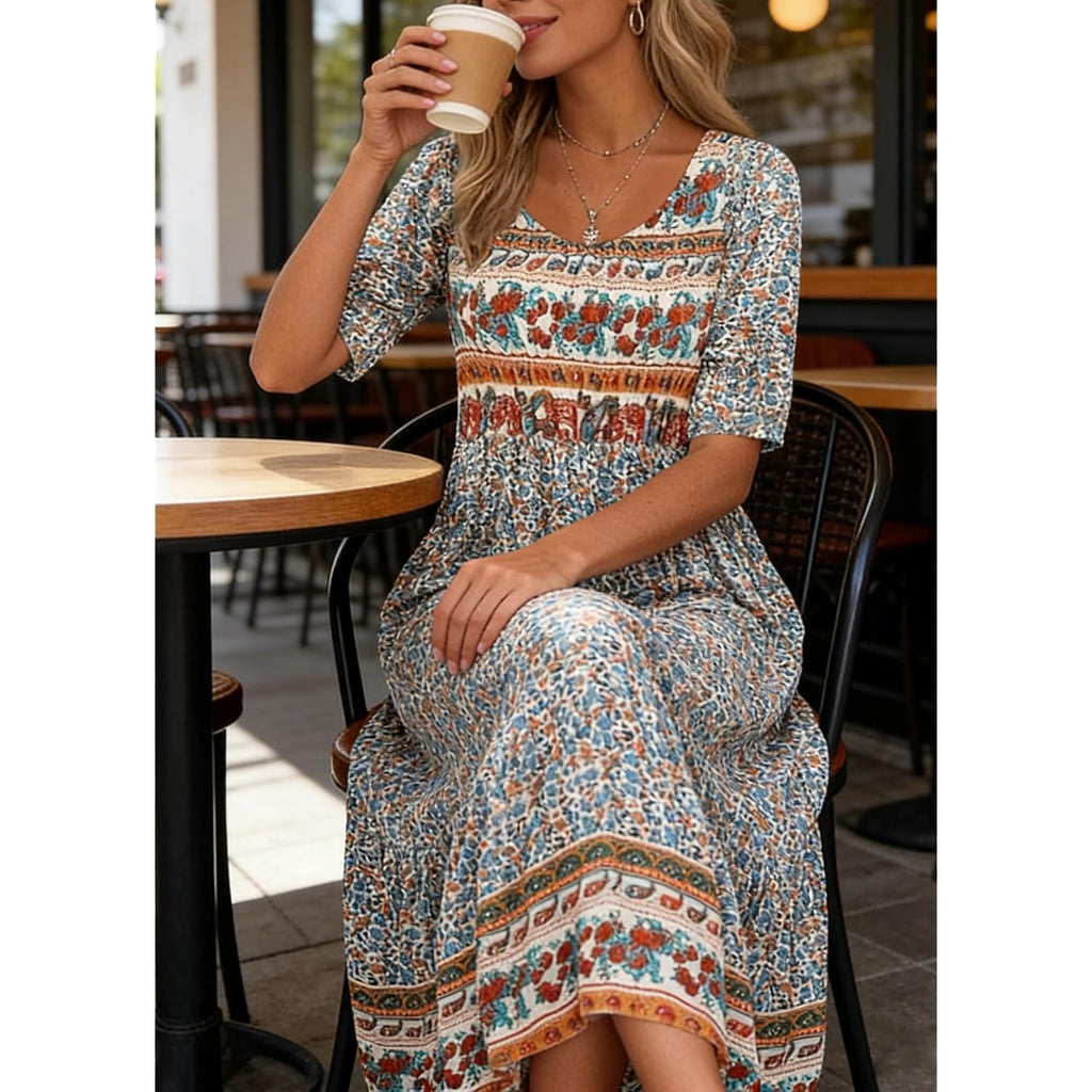 Kubsid Womens Boho Dress Summer Casual 2026 Short Sleeve Loose Fit Floral Maxi Dress Flowy Beach Vintage Sundress