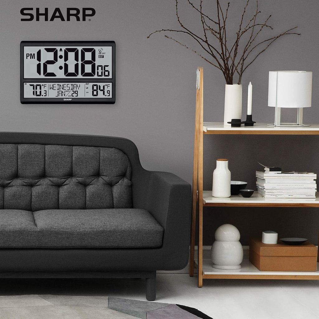 Sharp Atomic Clock - Never Needs Setting! –Easy To Read Numbers - Indoor/Outdoor Temperature, Wireless Outdoor Sensor - Battery Powered - Easy Set-Up (4" Numbers)