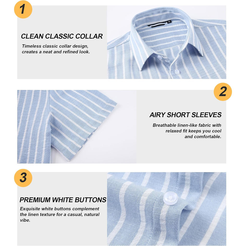 Damipow Mens Linen Shirts Short Sleeve Cotton Striped Casual Button Down Shirt Beach Vacation Summer Shirts