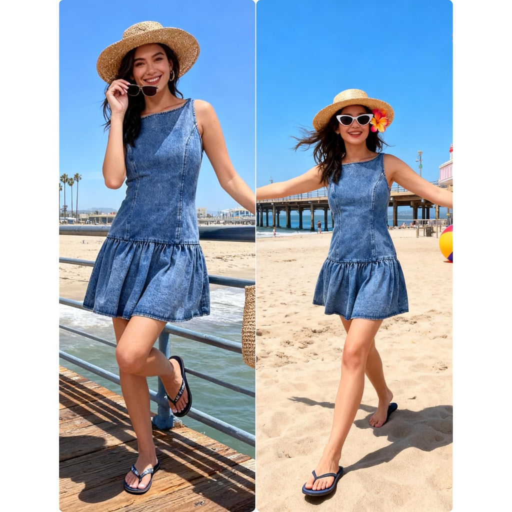 Omoone Women'S Sleeveless Denim Mini Dress Boat Neck Ruffle Hem Stretchy Slim Fit Jean Dress For Casual Country Concert