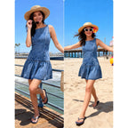 Omoone Women'S Sleeveless Denim Mini Dress Boat Neck Ruffle Hem Stretchy Slim Fit Jean Dress For Casual Country Concert