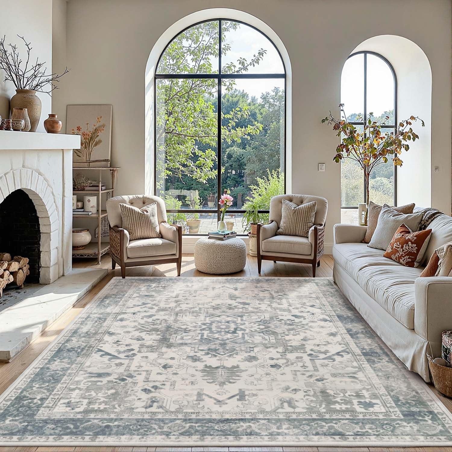 Rugxara Area Rugs 5x7, Washable Rugs for Living Room, Vintage Boho Light Blue Rug for Office, Dining Room, home decorKids Room and Farmhouse,Home Decor Durable Low Pile Non-Slip for High Traffic Areas