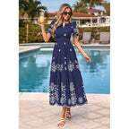 Prettygarden Summer Dresses For Women 2026 Floral Boho Maxi Spring Casual Short Sleeve V Neck Elastic Waist Dress Pockets