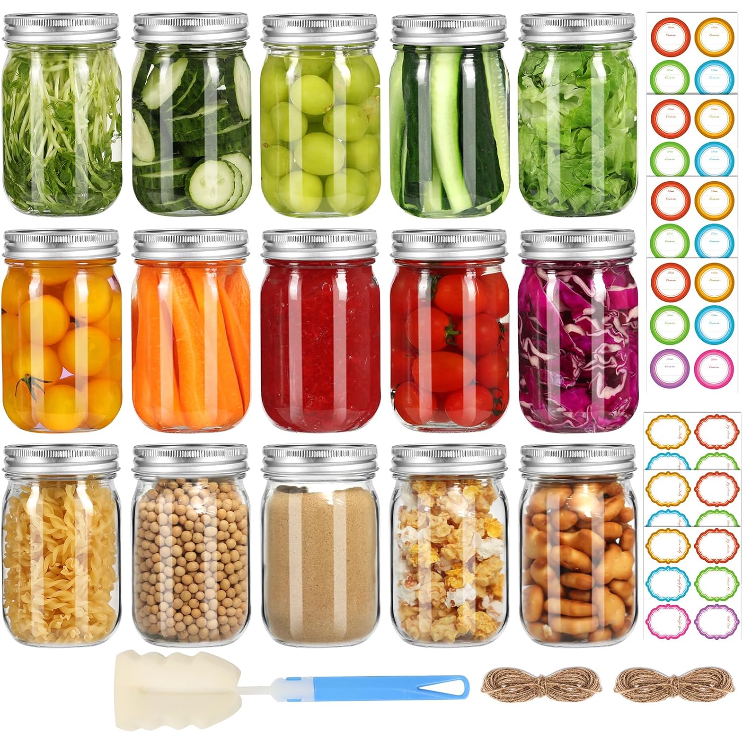 Glass Mason Jars 16 oz with Airtight Lids and Bands - 15 Pack Regular Mouth Pint Canning Jars for Pickling, Meal Prep, Overnight Oats, Dry Food & DIY Crafts - Includes 24 Stickers & Brush