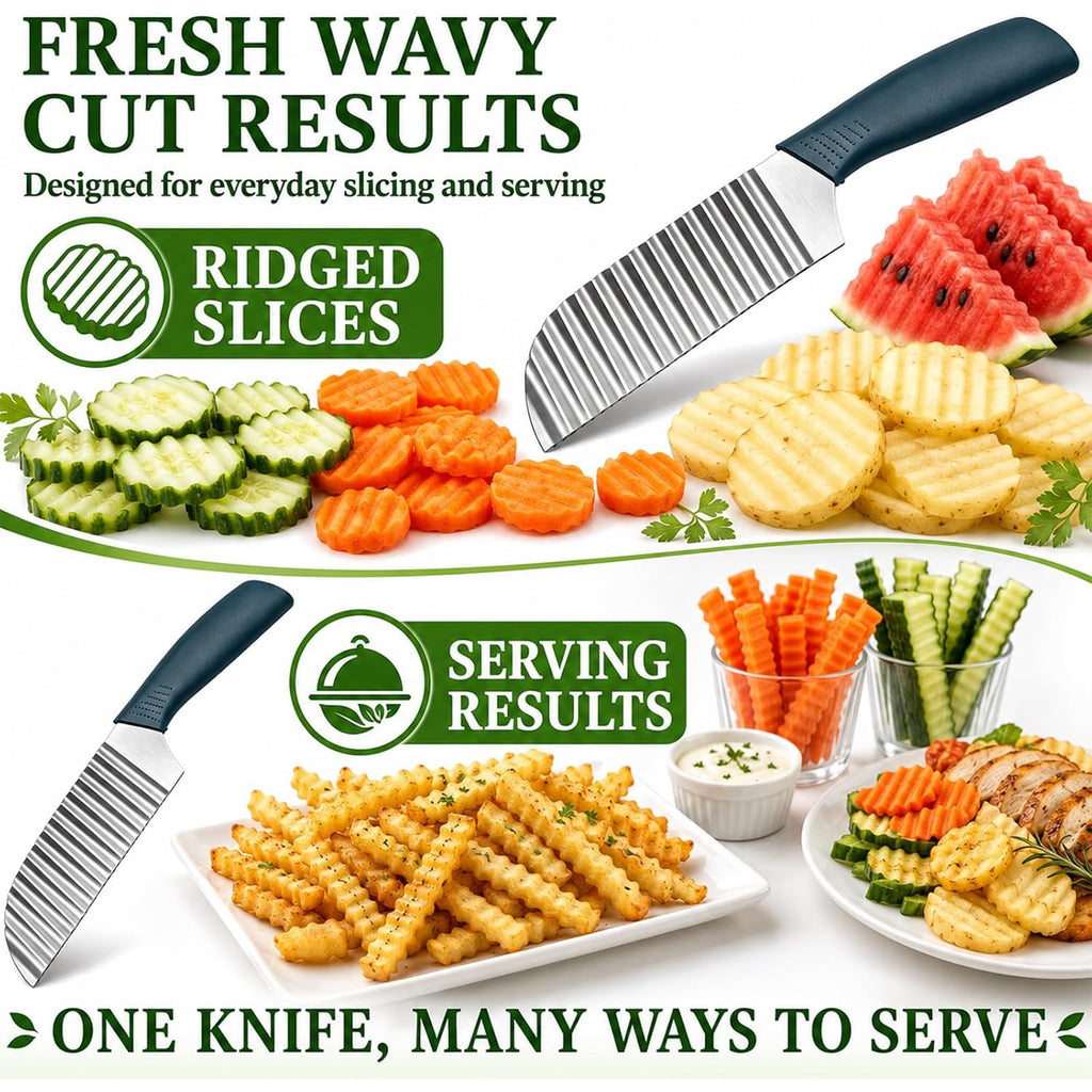 Crinkle Cut Knife, Stainless Steel Wave Cutter | Ergonomic Handle, For Veggies, Potato, French Fry, For Cucumber, Carrot, Fruit, Wave Chopper