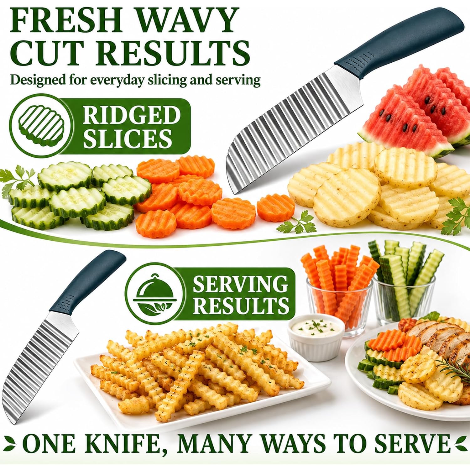 Crinkle Cut Knife, Stainless Steel Wave Cutter | Ergonomic Handle, For Veggies, Potato, French Fry, For Cucumber, Carrot, Fruit, Wave Chopper