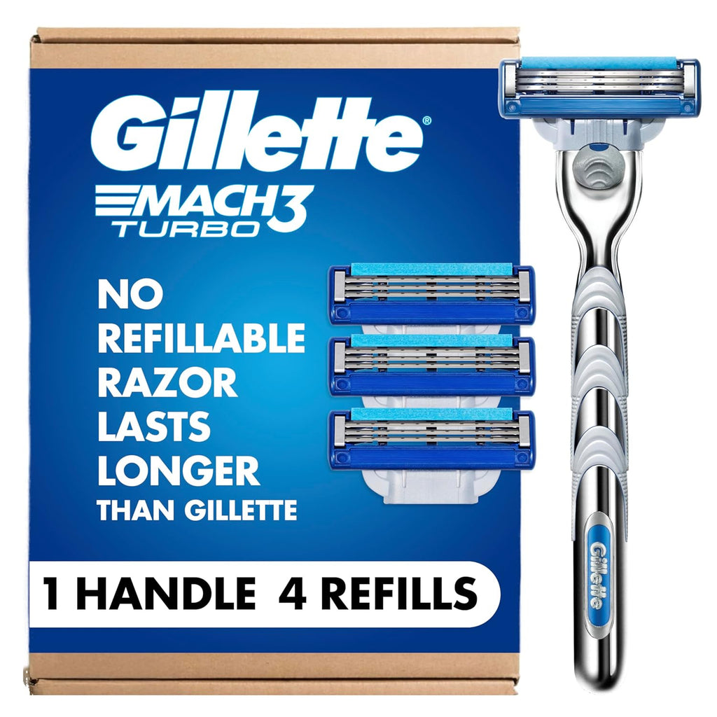 Gillette Mach3 Turbo Razors for Men, 1 Handle, 4 Blade Refills