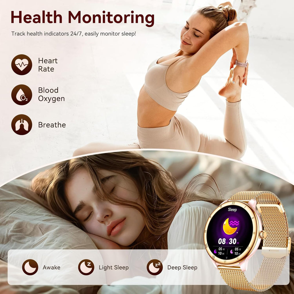 Smart Watches for Women, HD Screen Fitness Tracker 5ATM Waterproof with Bluetooth Make/Answer Calls, Activity Trackers with Heart Rate/Sleep/Female/SpO2 Monitor, Smartwatch for iPhone/Android(2 bands)