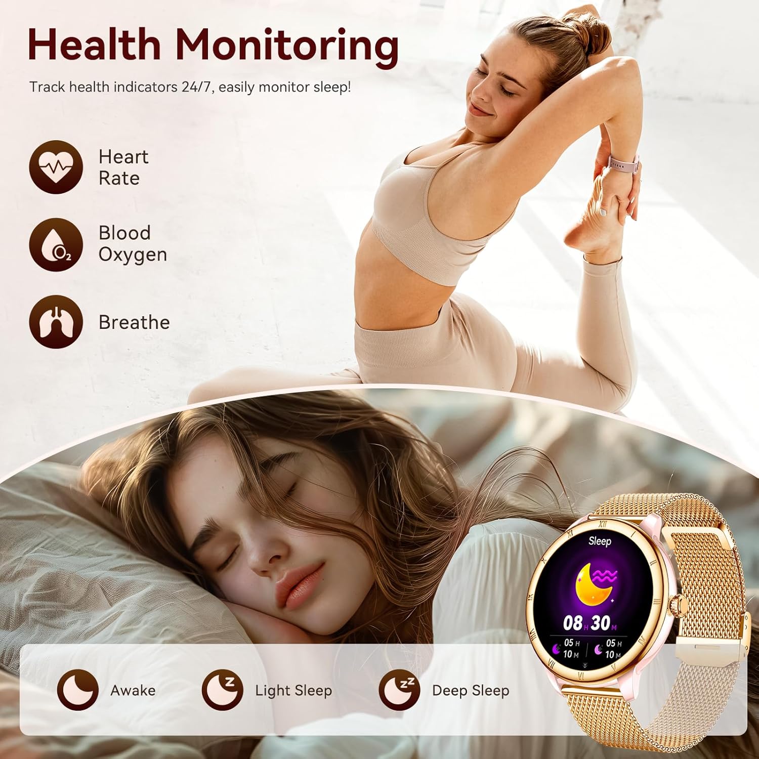 Smart Watches for Women, HD Screen Fitness Tracker 5ATM Waterproof with Bluetooth Make/Answer Calls, Activity Trackers with Heart Rate/Sleep/Female/SpO2 Monitor, Smartwatch for iPhone/Android(2 bands)