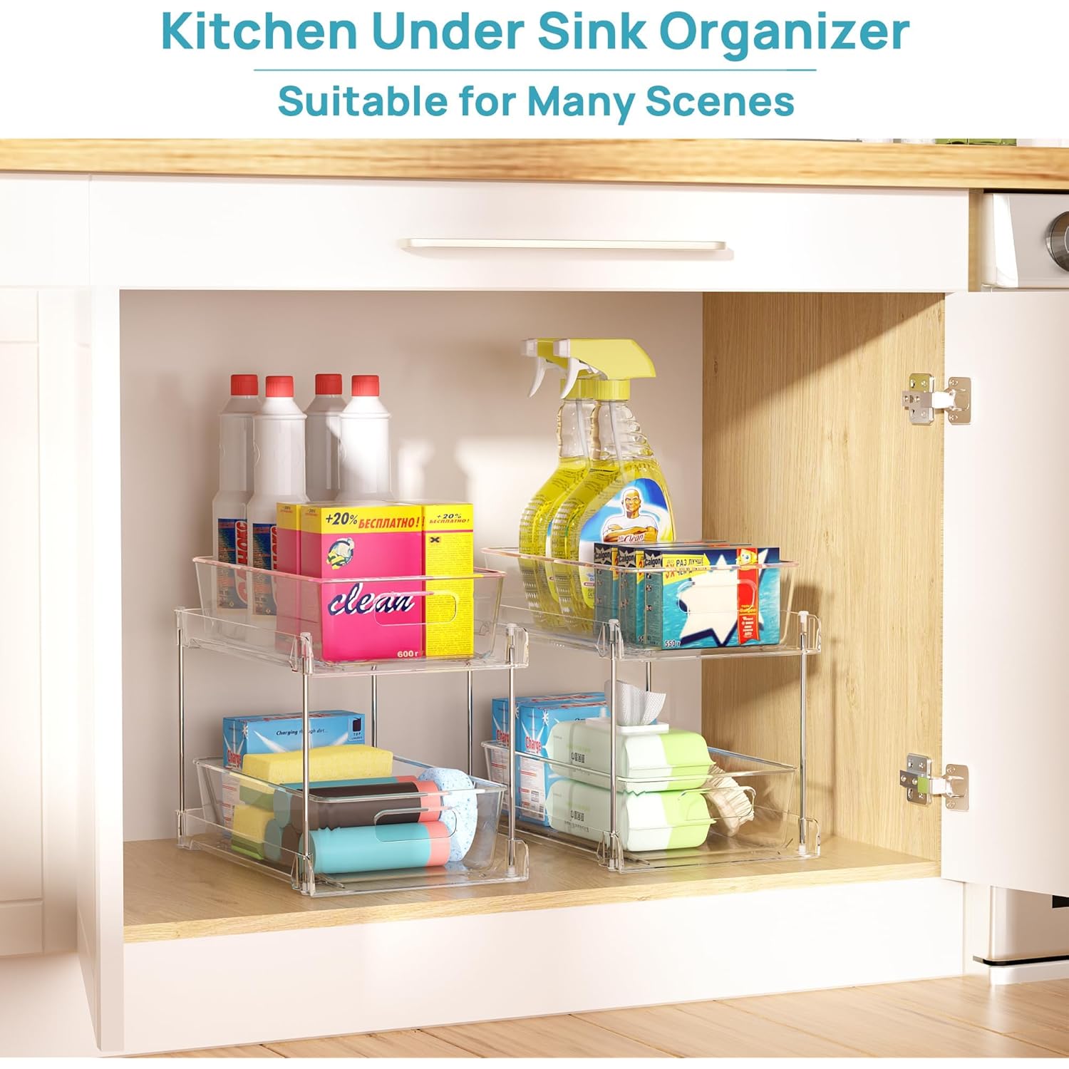 Vtopmart 4 Pack Bathroom Organizer, 2 Tier Clear Under Sink Organizers Vanity Countertop Storage Container,Cabinet Drawers Bins, Pull-Out Organization with Track for Pantry, Kitchen