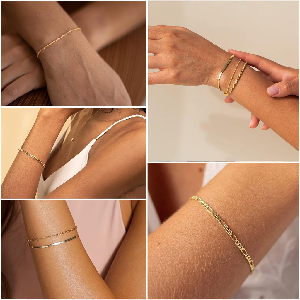Mothers Day Gifts for Mom Gold Bracelets for Women Waterproof, 14K Gold Plated Jewelry Sets Trendy Thin Dainty Stackable Cuban Link Paperclip Chain Bracelet Pack Fashion Accessories Gifts for Womens