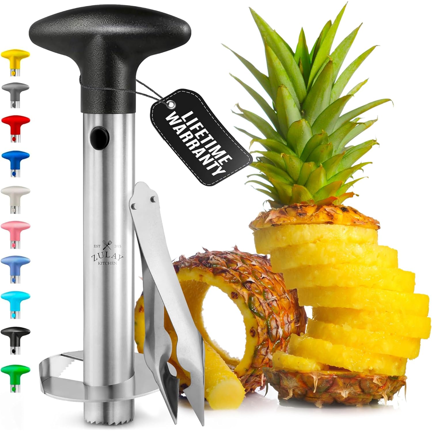 Zulay Kitchen Stainless Steel Pineapple Corer & Slicer – Heavy Duty Pineapple Cutter & Eye Removal Tool – Effortless Core Remover Tool With Sharp Reinforced Blade & Ergonomic Handle - Black
