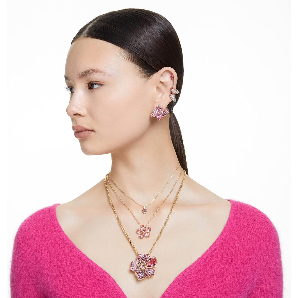 Swarovski Florere Necklace and Earrings Collection, Pink Crystals, Yellow Crystals, Gold Tone Metal Finish