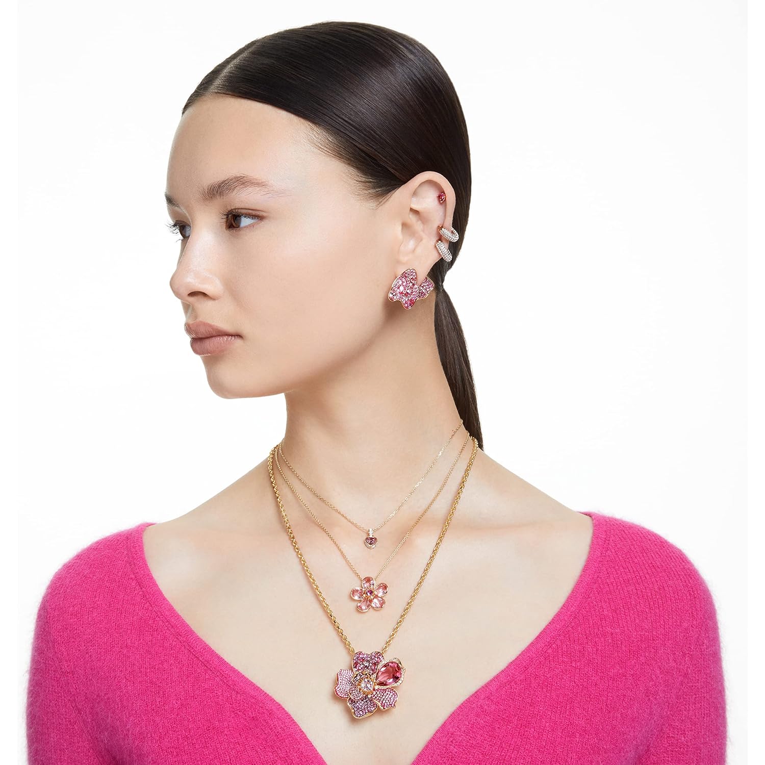 Swarovski Florere Necklace and Earrings Collection, Pink Crystals, Yellow Crystals, Gold Tone Metal Finish